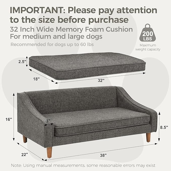 Dog Sofa Couch for Medium to Large Dogs, Durable Pet Sofa with Washable Fabric, Elevated Mini Dog Bed with Wooden Legs for Medium and Large Dogs, Dark Grey-PurrikoPets