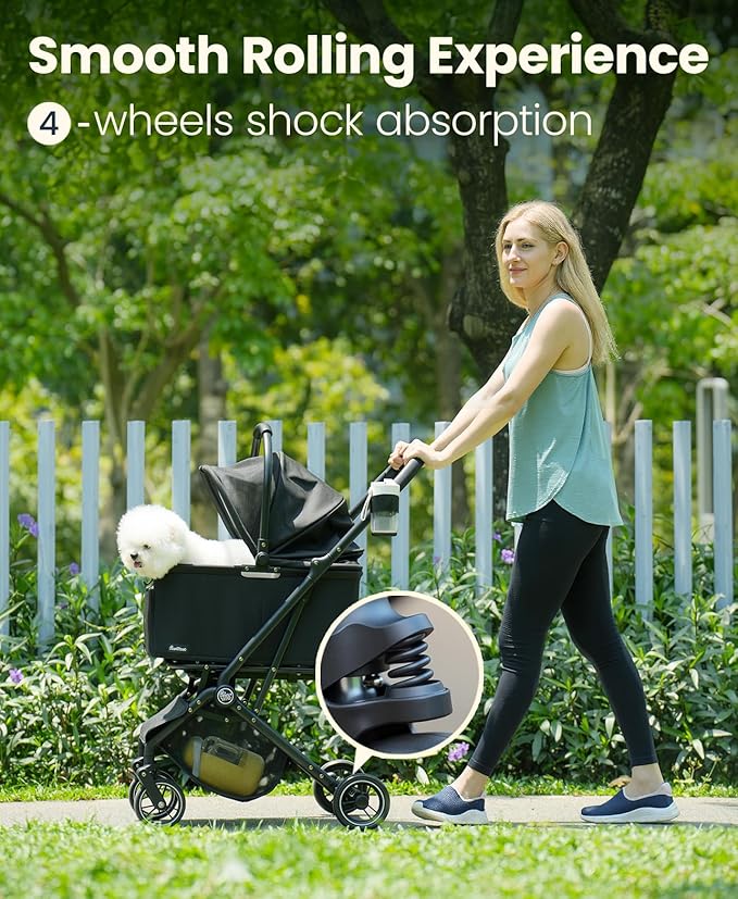 4 Wheels Pet Stroller, Dog Stroller for Small/Medium Dogs and Cats up to 33 lbs, One-Click Fold & Draggable, Removable Carrier, Zipperless Entry, Mesh Windows, Black-PurrikoPets
