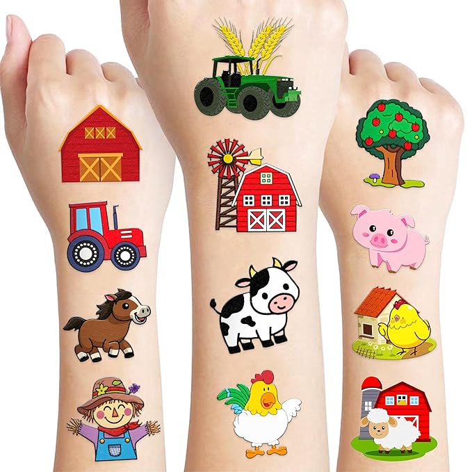 72 PCS Farm Barnyard Animal Pre-Cut Temporary Tattoos Sticker Birthday Decorations Party Supplies Favors Gift Boy Girl Farmhouse Cow Chicken Tattoo School Reward Themed (Normal)-PurrikoPets