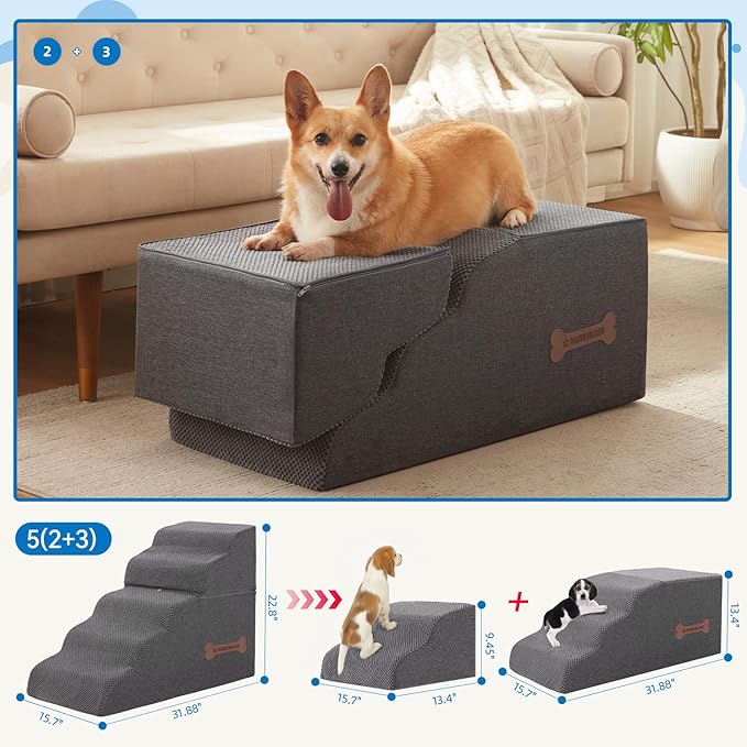 5-Step Spliceable Pet Stairs: Indoor& Outdoor Multi-Use with a Removable Cover and a Pocket, Best for Small Pets and Older Dogs Who Has Spine and Arthritis Issues to Get on High Beds, Grey（22.8" H-PurrikoPets