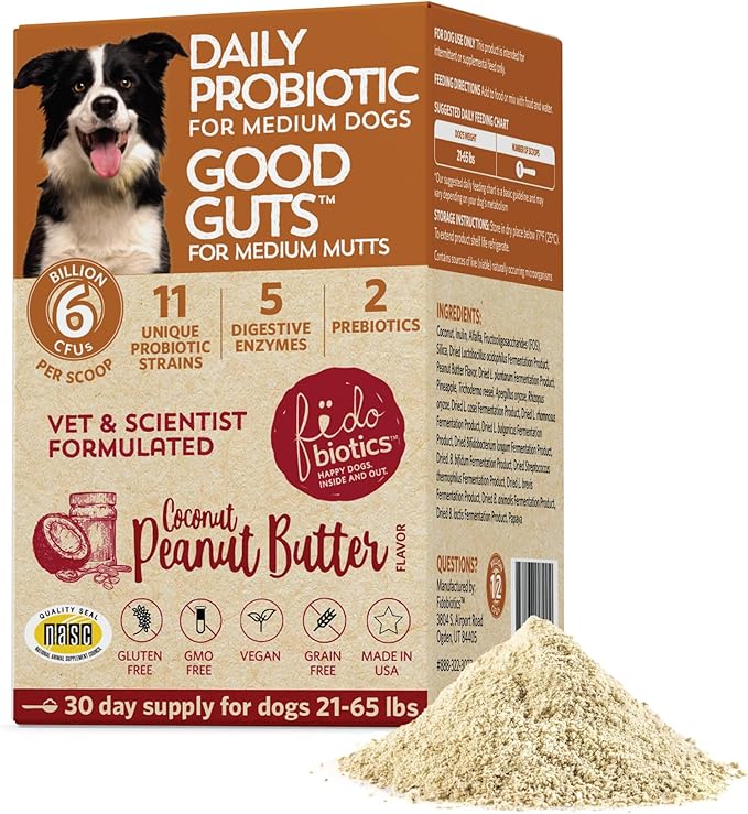 Fidobiotics Good Guts for Medium Mutts Probiotic for Dogs, 6 Billion CFUs, 11 Strains, 5 Digestive Enzymes, 2 Prebiotics, Digestive Gut Health for Dogs, Adult & Puppy Probiotics Supplements (30 Days)-PurrikoPets