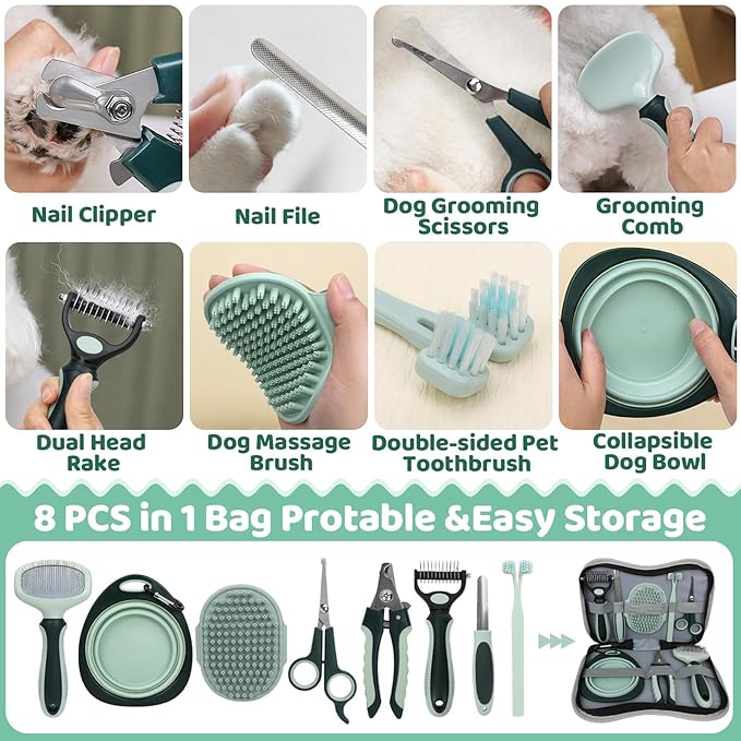 8-in-1 Pet Grooming Kit for Dogs & Cats - Includes Slicker Brush, Nail Clippers, Comb, Scissors, Toothbrush & Collapsible Bowl - Deshedding, Hair Trimming & Care Set, Travel Bag-PurrikoPets