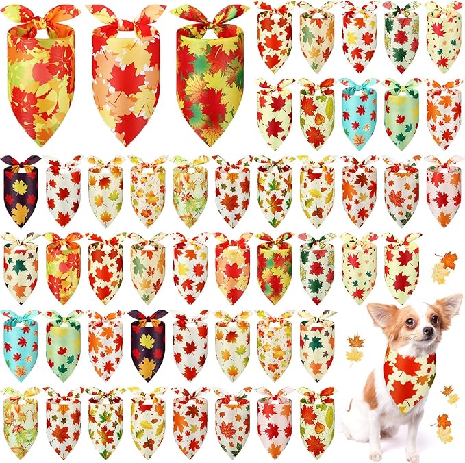 Abbylike 50 Pcs Fall Dog Bandana Bulk Maple Leaves Bandana for Dogs Triangle Kerchief Bibs Scarf for Small Medium Large Pet Autumn Thanksgiving Costume Accessories, 25 Styles (25.6 x 17.7 x 17.7 Inch)-PurrikoPets
