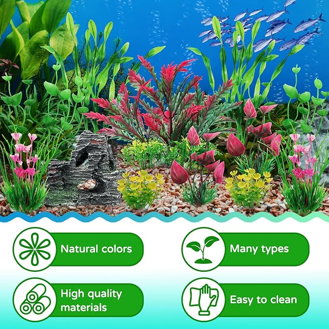 Fish Tank Accessories Aquarium Plants, 12pcs Colorful Fish Tank Artificial Plants and Cave Rock Decor Set, Aquarium Decorations Plants-PurrikoPets