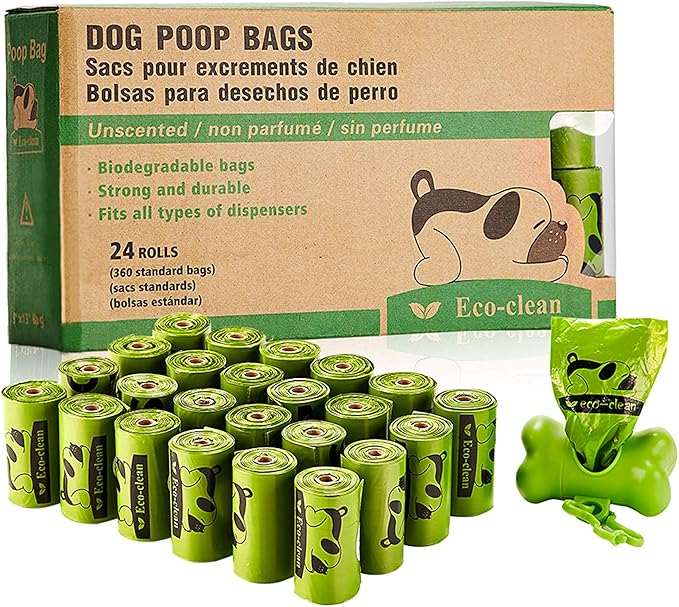 ECO-CLEAN Dog Poop Bags, 24 Rolls/360 Bags with Dispenser, Dog Waste Bags, Unscented, Leak-Proof, Easy Tear-Off-PurrikoPets