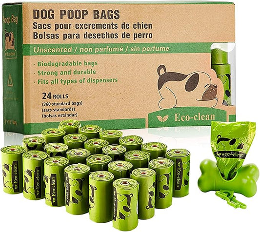 ECO-CLEAN Dog Poop Bags, 24 Rolls/360 Bags with Dispenser, Dog Waste Bags, Unscented, Leak-Proof, Easy Tear-Off-PurrikoPets