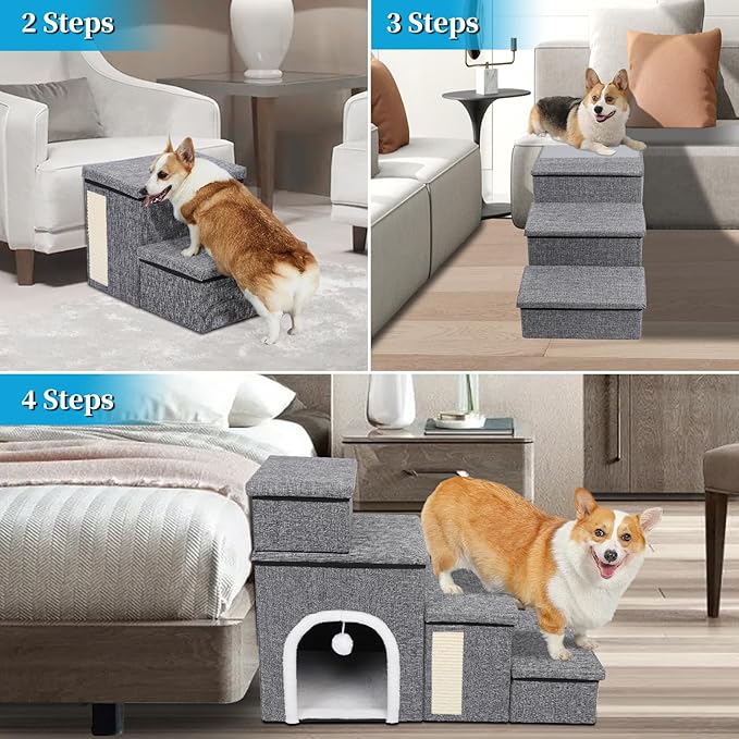 Dog Stairs for Bed and Couch 23“H, Foldable Dog Stairs for Small Older Dogs, 4 in 1 Adjustable Pet Cat Steps Ramps with Storage, Condo, Cat Scratcher, Hold Up to 180LBS, 4 Steps-PurrikoPets