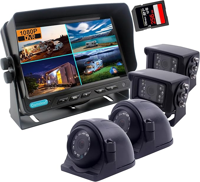10 inch Screen 1080P Backup Camera System with Wired, DVR Recorder, Quad Split Screen, Car Monitor + 2X Waterproof Reversing Cameras + 2X Safety Sides Camera, for Camper, Trailers, Truck, RV-PurrikoPets
