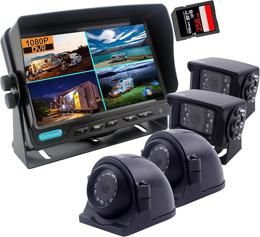 10 inch Screen 1080P Backup Camera System with Wired, DVR Recorder, Quad Split Screen, Car Monitor + 2X Waterproof Reversing Cameras + 2X Safety Sides Camera, for Camper, Trailers, Truck, RV-PurrikoPets