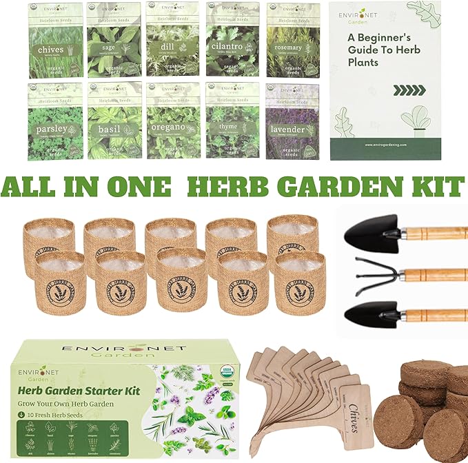 10 Indoor Herb Garden Kit- Burlap Pots, Organic Seeds, Herb Garden Planter Indoor Kit, Easy Window & Kitchen Herbs Growing Kit, Cilantro, Basil, Sage, Oregano, Parsley, Dill, Chives etc.-PurrikoPets