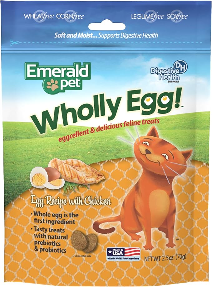 Emerald Pet Wholly Egg Digestive Health Cat Treats - Soft and Moist cat Treats for Healthy Digestion - Natural Prebiotics and Probiotics for cat Digestion - Chicken Treats, 2.5 oz-PurrikoPets