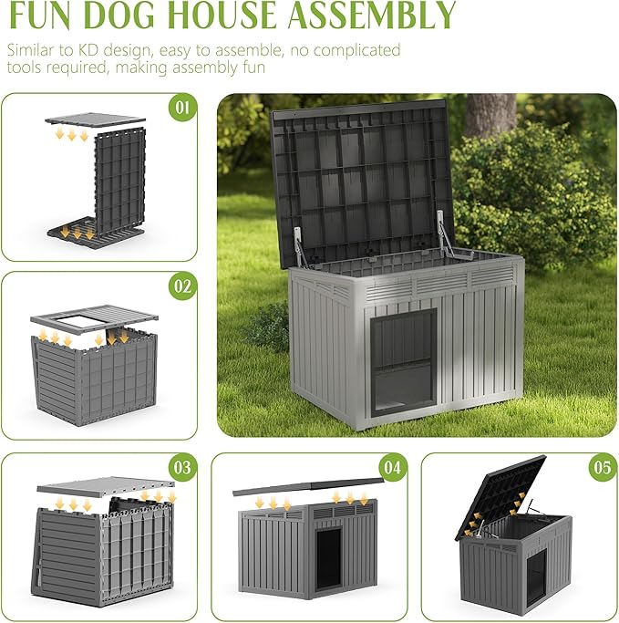 Dog House Indoor Outdoor,Resin Waterproof Puppy Shelter with Air Vents and Elevated Floor,Air Rod on Top to Open,Dog Kennel for Small to Large Dogs(Grey,42.87 * 32.95 * 31.61)-PurrikoPets