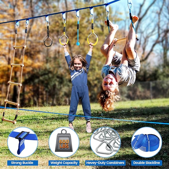 2×56ft Ninja Warrior Obstacle Course for Kids - 600 lbs Weight Capacity, Slackline Obstacle Course with 8 Ninja Accessories - Monkey Bar, Rope Ladder, Gymnastic Ring, Arm Trainer and Monkey Fist-PurrikoPets