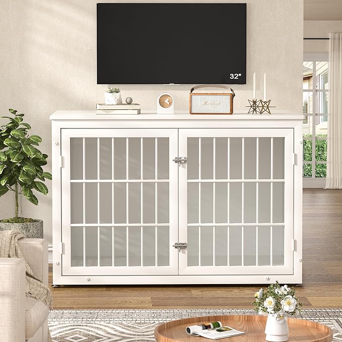48" Heavy Duty Dog Crate Furniture for Large Dogs, Metal Cage for High Anxiety Dogs, Wooden Kennel Furniture Indoor, Decorative Dog Kennel End Table, XL,White-PurrikoPets