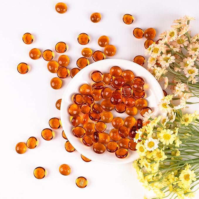 1LB Glass Marbles, Transparent and Smooth Flat Glass Beads for Vases, Mosaic Gem Pebbles for Aquarium Decor, Floral Arrangements, Mancala Stones, Vase Filler and Crafts, Orange-PurrikoPets