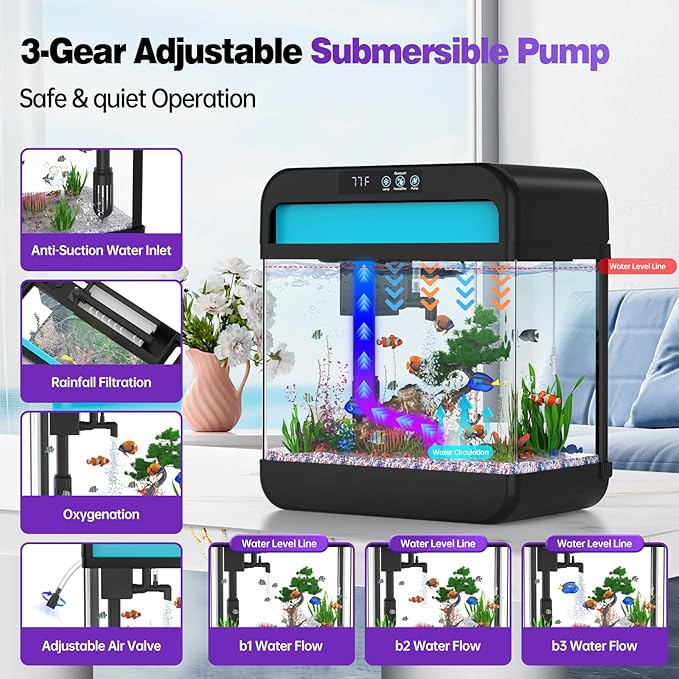 Fish Tank 2.2 Gallon Fish Aquarium with Music Humidifier 7 Color Auto-Looping Light Adjustable Water Pump with Filtration & Aeration & Circulation, Temperature Display, Bottom Water Changer-PurrikoPets