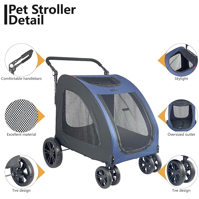 Extra Large Dog Stroller for Medium & Large Pets - Foldable Design, Adjustable Handle, Up to 130 lbs(Blue)-PurrikoPets