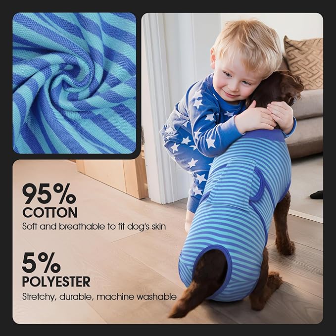 FUAMEY Recovery Suit for Dogs After Surgery,Soft Breathable Dog Bodysuit E-Collar & Cone Alternative Surgical Suit,Male Female Dog Neuter Spay Suits Anti Licking Wounds Onesie Navy Blue Strips L-PurrikoPets