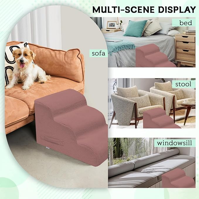 Dog Steps for Small Dogs, 3-Step Pet Ramp Stairs for High Beds and Sofa, Non-Slip Pet Stairs for Small Dogs and Cats, Removable and Easy to Clean Cover, Pink-PurrikoPets