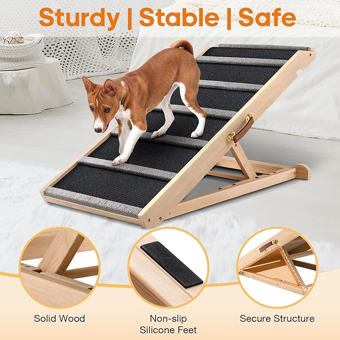 Dog Ramp for Bed - Extra Wide - Excellent Traction, Pet Ramp for Small Large Dogs to Get on Couch Car, Non-Slip Rubber Surface, 17’’W, Hold up to 200lb, Adjustable, Foldable (200LBS)-PurrikoPets