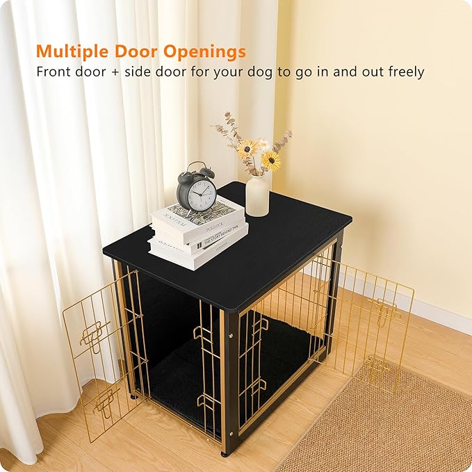 DWANTON Dog Crate Furniture with Cushion, Wooden Kennel Table with Double Doors, Indoor Dog House, Small/Medium/Large Size, 27.2" L, Black+Gold-PurrikoPets