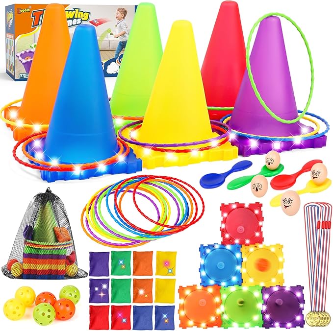 Eocolz 49PCS Carnival Games Outdoor Combo Set for Kids with LED Light, Plastic Cones Obstacle Course Bean Bags Balls Ring Toss Game Egg and Spoon Race Lawn Game, Gift for Birthday Party/Xmas/Easter-PurrikoPets