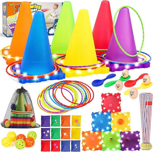 Eocolz 49PCS Carnival Games Outdoor Combo Set for Kids with LED Light, Plastic Cones Obstacle Course Bean Bags Balls Ring Toss Game Egg and Spoon Race Lawn Game, Gift for Birthday Party/Xmas/Easter-PurrikoPets