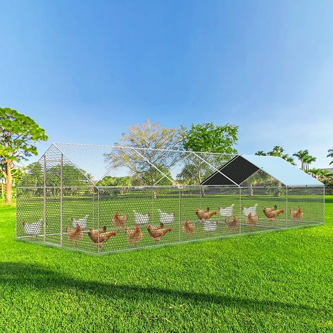 4ever2buy Large Metal Chicken Coop with Run Walk-in Poultry Cage Chicken Runs House Pen Cage Spire Roofed Chicken Coops with Anti-Ultraviolet Cover for Outdoor Backyard Farm Use 9.5’Lx24.9’Wx6.4’H-PurrikoPets