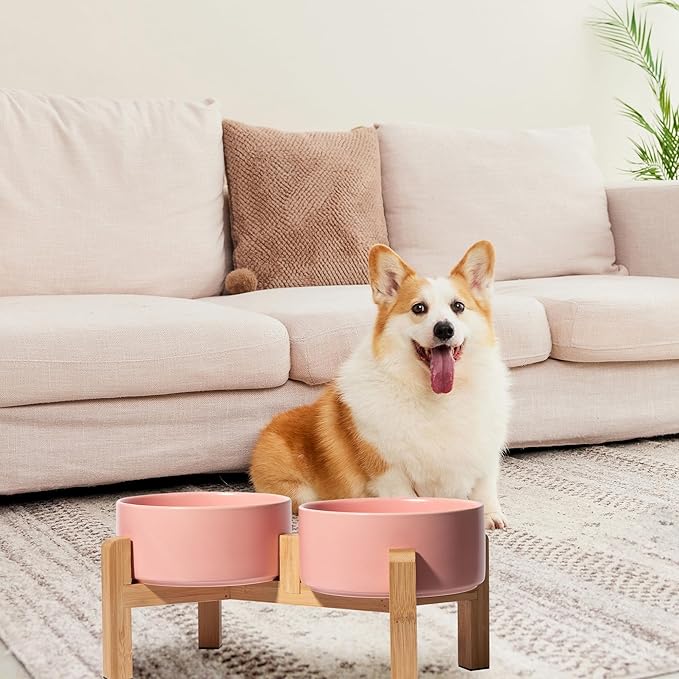 Elevated Ceramic Dog Bowl Set - Raised Dog Bowls with Non-Slip Bamboo Stand - Dog Food and Water Bowl Set - Double Dog Feeding Bowls - Suitable for Small and Medium Dogs - 28.74 OZ - 3.6 CUPS - 850 ML-PurrikoPets