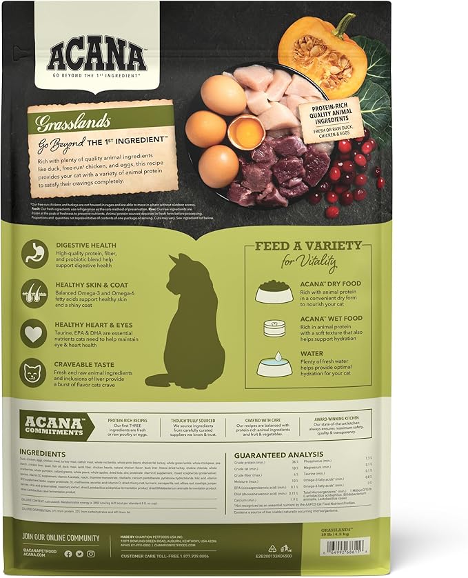 ACANA Grain-free Dry Cat Food Grasslands Chicken Duck Turkey Fish and Quail 10lb Bag-PurrikoPets