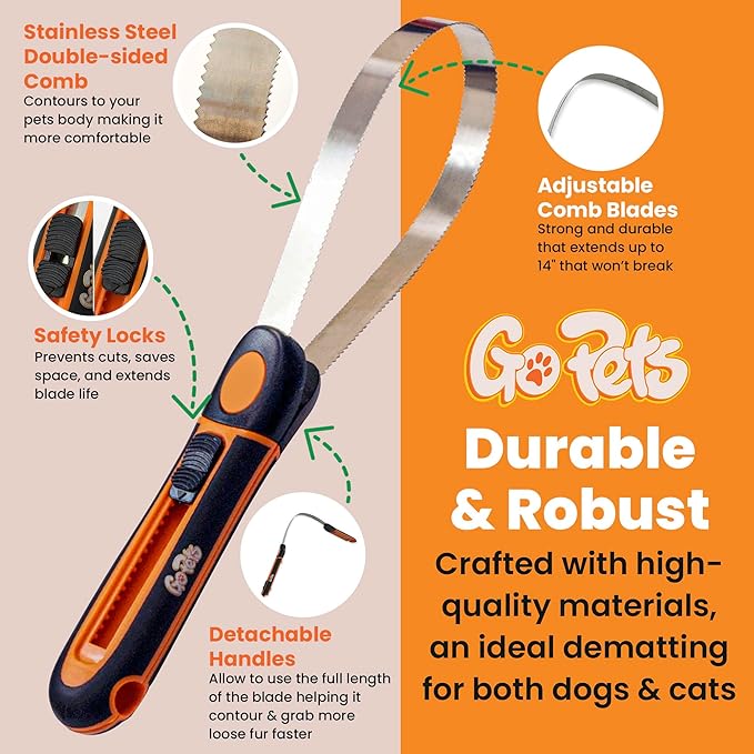 GoPets Deshedding Blade Rake, Adjustable Professional Dematting Grooming Tool, Stainless Steel Blades, Fur Removal Comb for Shedding, Comfortable Handle, Suitable for Cats & Dogs-PurrikoPets