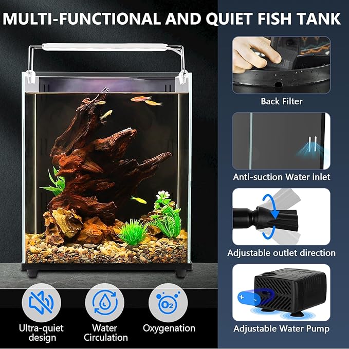 fishkeeper 6.5 Gallon Fish Tank Starter Kit, Small Aquarium with Filter and Adjustable 3 Color Lighting Self Cleaning Fish Bowl Rimless Aquarium for Beginners (Freshwater Fish Tank)-PurrikoPets