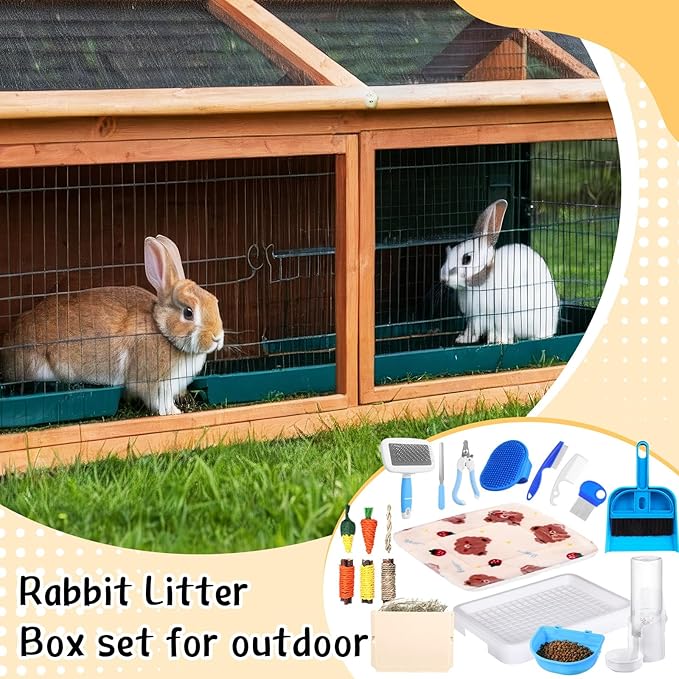 19 Pcs Rabbit Starter Kit Small Bunny Litter Box Animal Grooming Kit Water Bottle Bunny Toys Hay Feeder Bowl Blankets with Cleaning Set for Guinea Pig Rabbit Accessories (White)-PurrikoPets