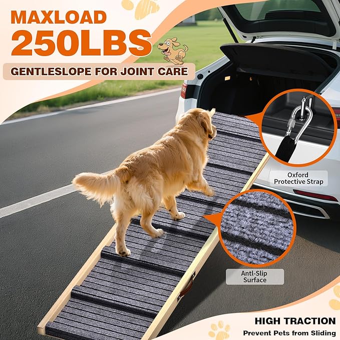 Dog Ramp for Car, 71''x 17'' Extra Long Deluxe Telescoping Design Wooden Pet Ramp, Pet Stair Ramps for Truck SUV with Non-Slip Surface, Portable Outdoor Dog Steps for Medium Large Dogs, Up to 250LBS-PurrikoPets