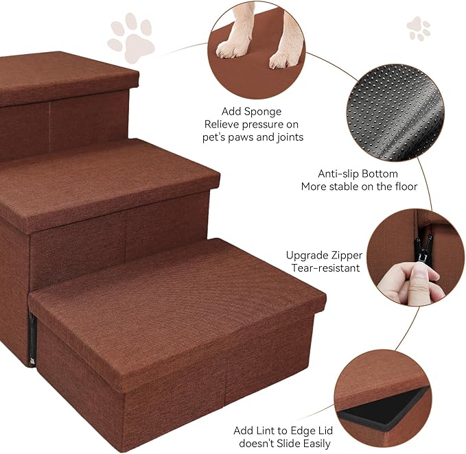 Dog Stairs with Condo 18" H, 3-Step Wider Dog Steps for High Beds Couch, Folding Storage Pet Stairs Gift for Small/Medium/Large Old Dogs Cats, Ramp for Climbing Car Up to 200 lbs, Brown-PurrikoPets