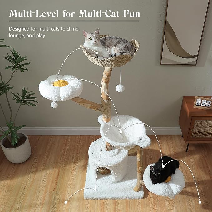 59" Modern Cat Tree Tower for Large Cats w/2 Flower Perches-Natural Solid Wood Scratching Post with Real Branch-Luxury Boho Cat Furniture w/Condo & Wicker Basket Bed, Cloud White-PurrikoPets