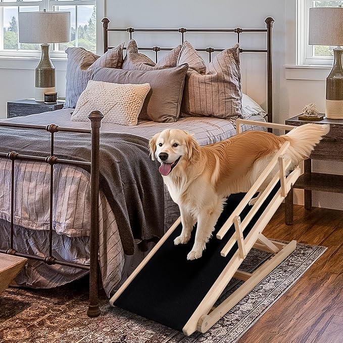 Dog Ramp, 5 Level Adjustable Wooden Folding Pet Ramp for Middle Bed, Couch,SUV-High Traction, Portable Paw Ramps for Small & Large Old Dogs & Cats - Furniture Quality-PurrikoPets