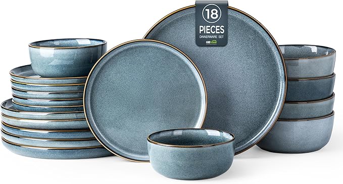 GBHOME Ceramic Dinnerware Sets for 6, 18 Pieces Stoneware Plates and Bowls Sets, Scratch Resistant Dishes, Dishwasher & Microwave Safe, Space Blue-PurrikoPets