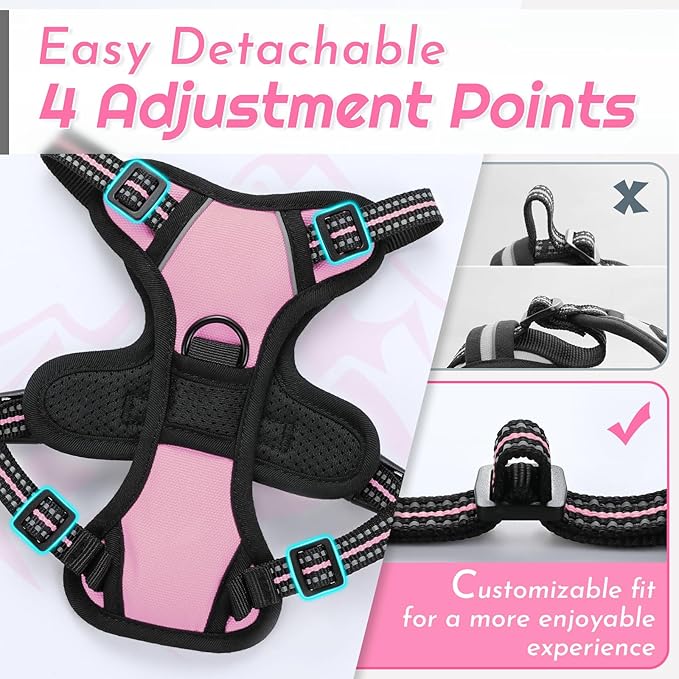 Eagloo Small Dog Harness No Pull, Service Vest with Reflective Strips and Control Handle, Adjustable and Comfortable for Easy Walking, No Choke Pet Harness with 2 Metal Rings, Pink, XS-PurrikoPets