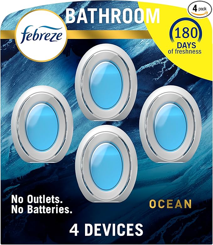 Febreze Bathroom Air Freshener, Odor-Fighting, Plug In Alternative, Air Fresheners for Home and Bathroom and Kitchen, Closet Air Fresheners, Ocean Scent, 4 Count-PurrikoPets