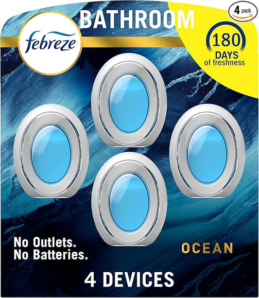 Febreze Bathroom Air Freshener, Odor-Fighting, Plug In Alternative, Air Fresheners for Home and Bathroom and Kitchen, Closet Air Fresheners, Ocean Scent, 4 Count-PurrikoPets