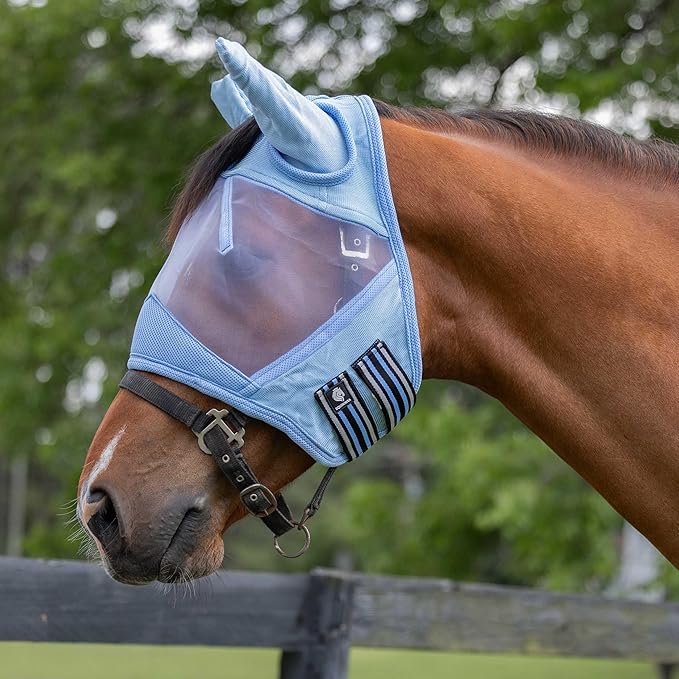 Equinavia Algard Soft Mesh Horse Fly Mask with Ear Protection and 45 UPF Rating | No Eye Irritation & UV Protection - Light Blue - Warmblood-PurrikoPets