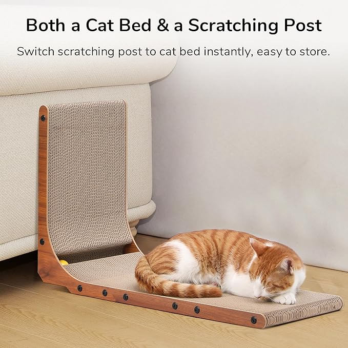 FUKUMARU Cat Scratcher, 26.8 Inch Cat Scratch Pad for Indoor Cats, L Shaped Cardboard Vertical Cats Scratching Board with Ball Toy, Walnut Color, 1 Pack-PurrikoPets