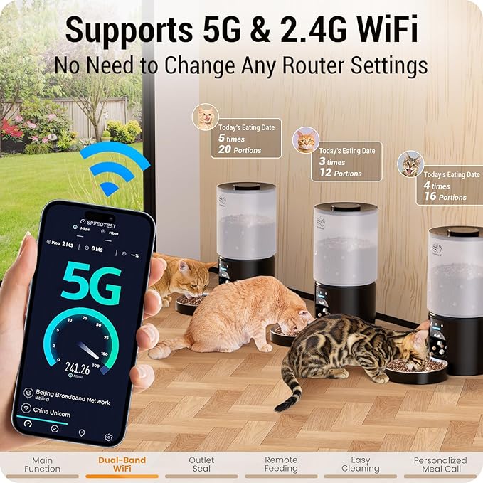 5L Automatic Cat Feeder with Sealed Outlet: 5G WiFi Automatic Dog Feeder with APP Control, Auto Cat Food Dispenser with Voice Recording for Pets, Detachable for Easy Clean - 21 Cup-PurrikoPets