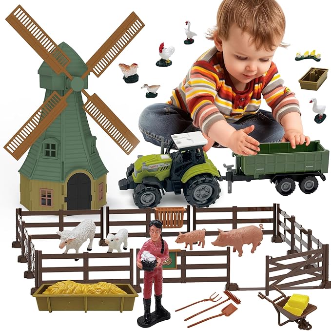 82PCS Farm Animals Toys Set Comes with Tractor Trailer, Windmill, Farmer, Fence - Playset for Kids Toddlers Boys Girls 5+ Years Old-PurrikoPets