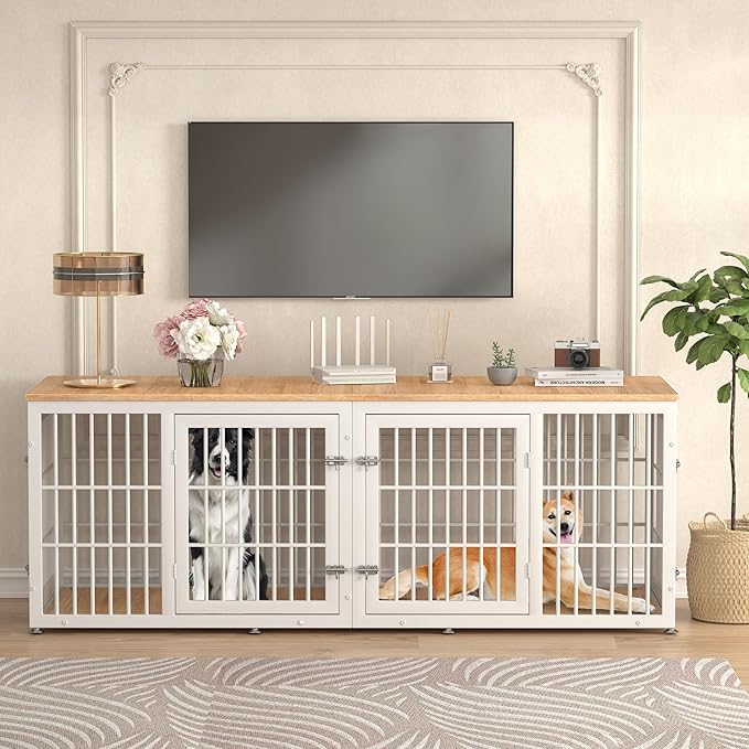 78 Inch Double Dog Crate Furniture, Heavy Duty Extra Large Cage Furniture with Divider for 2 Dogs, Decorative Wooden Kennel Furniture Indoor, Pet House for Large and Medium Dogs, White-PurrikoPets