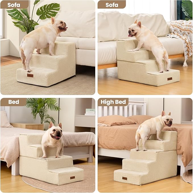 Dog Stairs for Small Dogs & Cats, 3-Step Non-Slip Pet Steps for Couch Sofa and Chair, Beige, 13.6" H-PurrikoPets