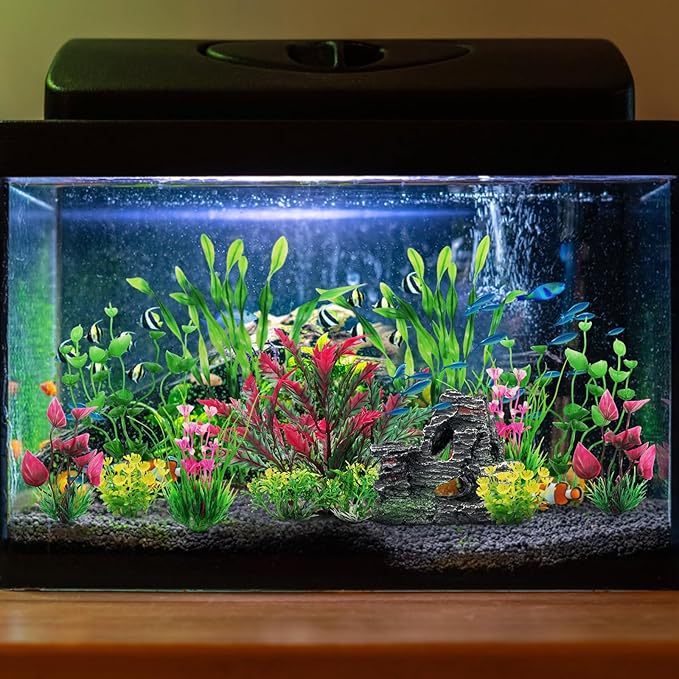 Fish Tank Accessories Aquarium Plants, 12pcs Colorful Fish Tank Artificial Plants and Cave Rock Decor Set, Aquarium Decorations Plants-PurrikoPets