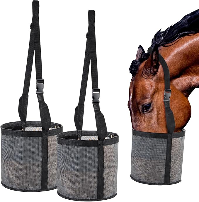 2 Pcs Horses Feed Horse Bag for Grain Hay Bags Heavy Duty Mesh Horse Feeder with Adjustable Strap Comfort Neck Pad Nose Pad and Waterproof Bottom Muzzle(Gray)-PurrikoPets