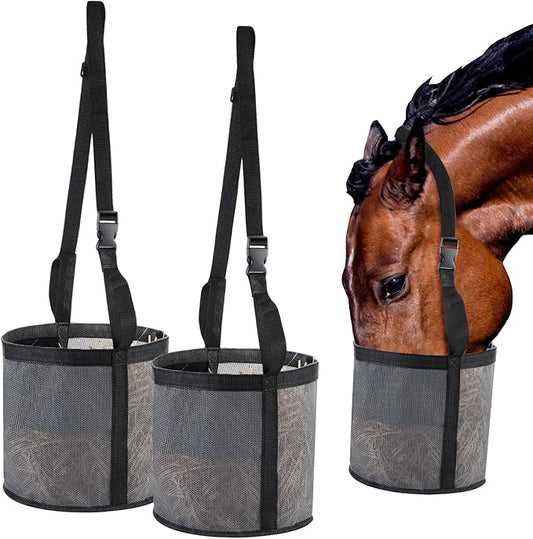 2 Pcs Horses Feed Horse Bag for Grain Hay Bags Heavy Duty Mesh Horse Feeder with Adjustable Strap Comfort Neck Pad Nose Pad and Waterproof Bottom Muzzle(Gray)-PurrikoPets